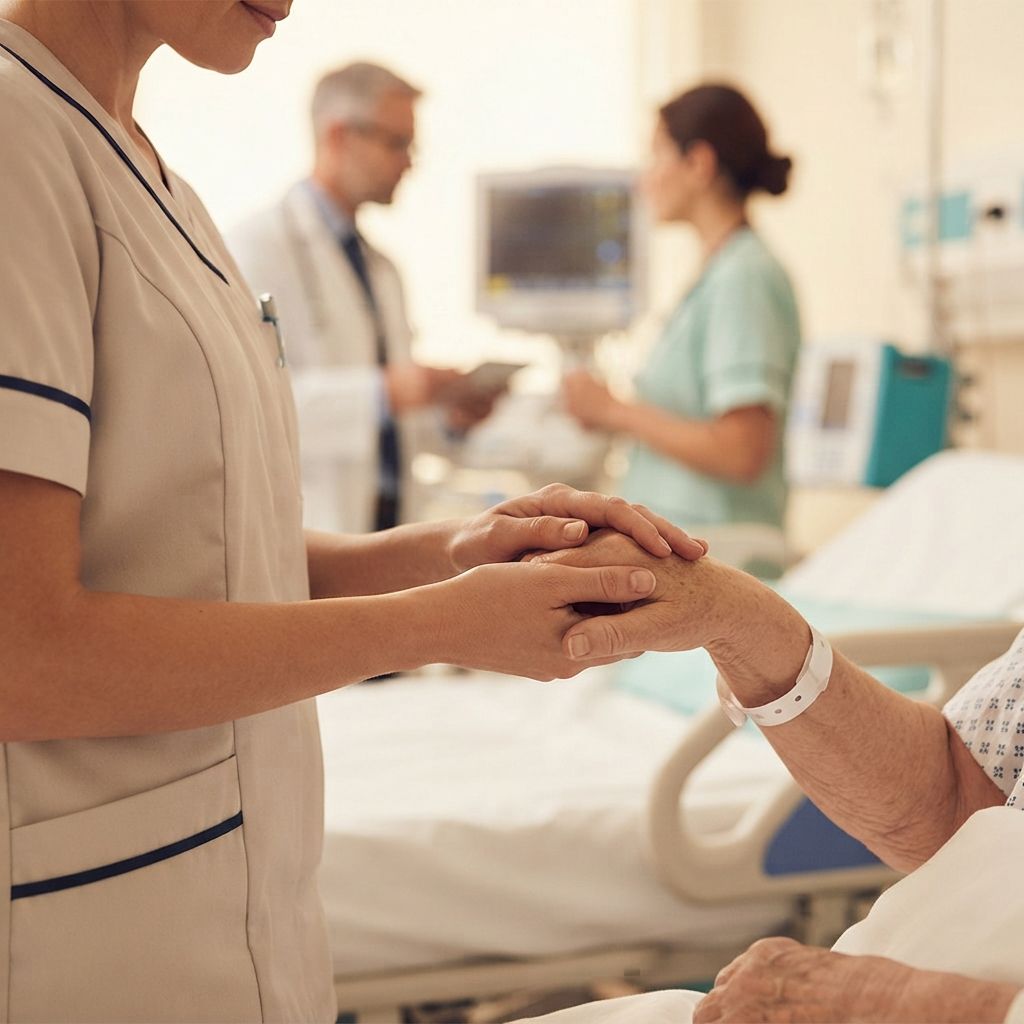 A nurse holding the hand of an elderly patient in a hospital ward