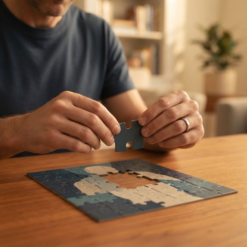 A man holding the last piece of a jigsaw puzzle above the gap