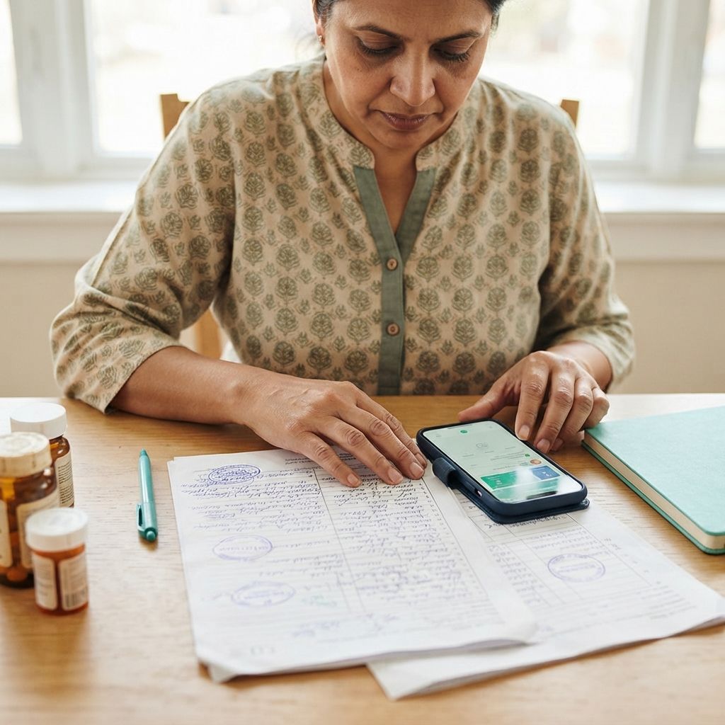 A woman sorting handwritten medical records and medicines at a table, with a phone beside her