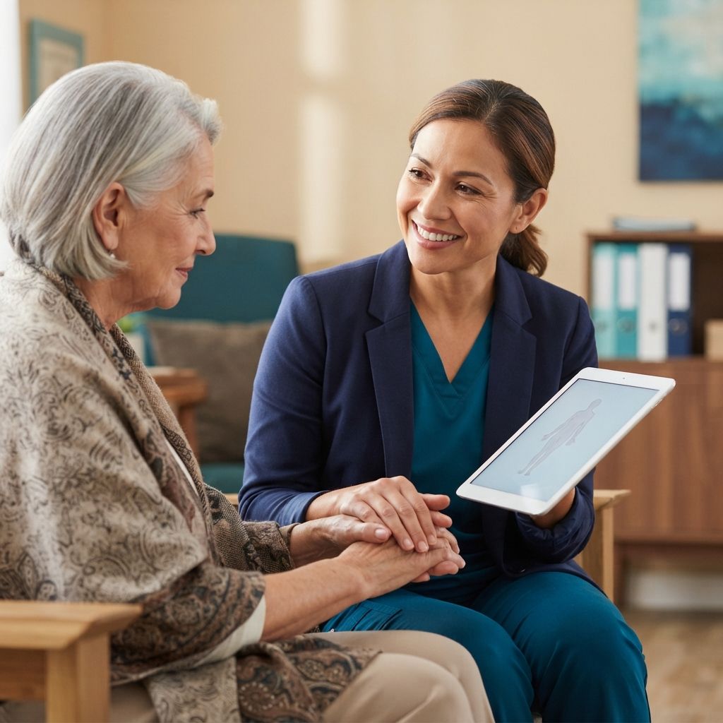 A care professional holding an elderly woman's hands while showing a health summary on a tablet